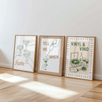 Sage Green Bar Cart Wall Art Set of 6, Wine & Vinyl Prints, Cocktail Bar Decor, Retro Gallery Wall, Printable Bar Cart Art, Vinyl Vino Art