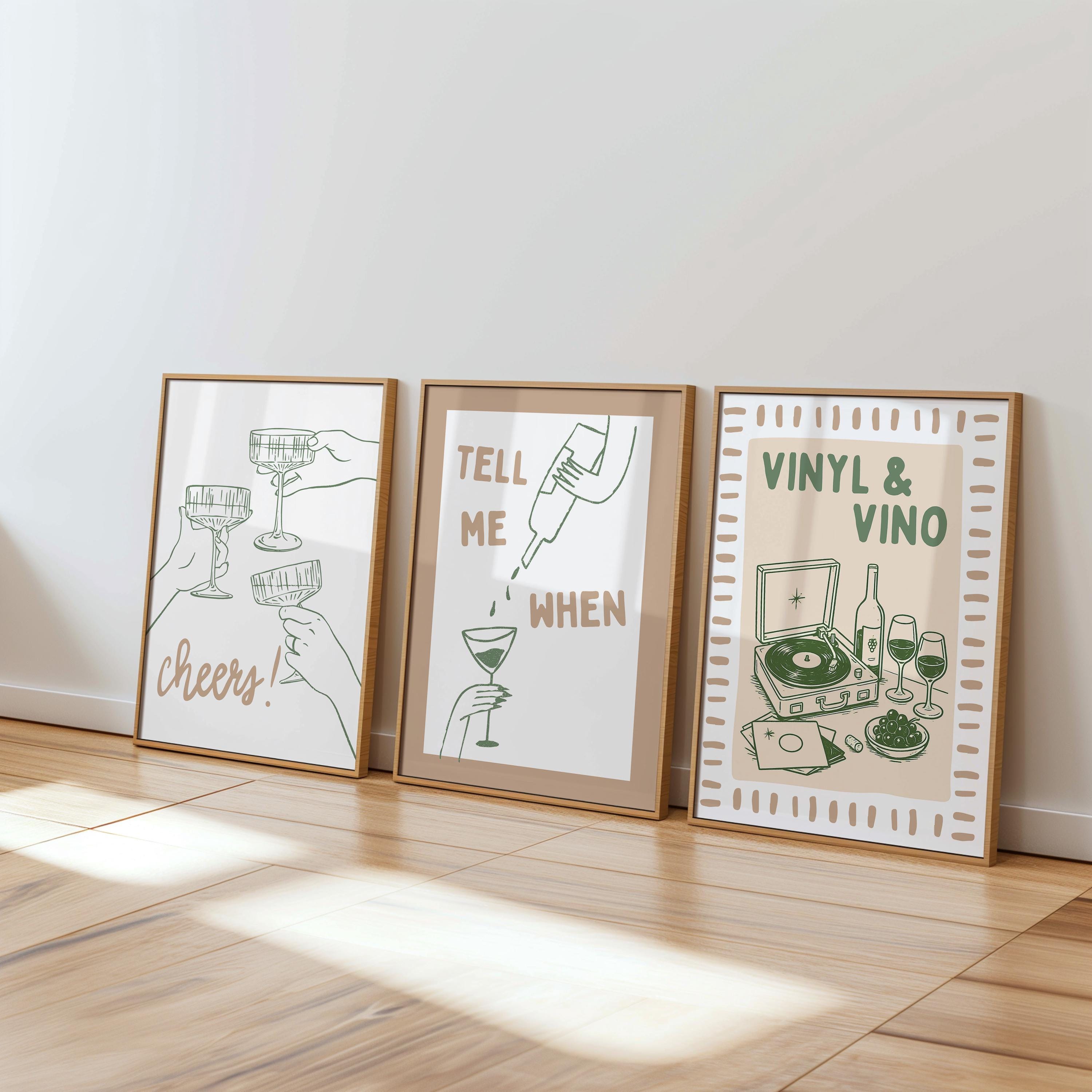 Sage Green Bar Cart Wall Art Set of 6, Wine & Vinyl Prints, Cocktail Bar Decor, Retro Gallery Wall, Printable Bar Cart Art, Vinyl Vino Art