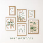 Sage Green Bar Cart Wall Art Set of 6, Wine & Vinyl Prints, Cocktail Bar Decor, Retro Gallery Wall, Printable Bar Cart Art, Vinyl Vino Art