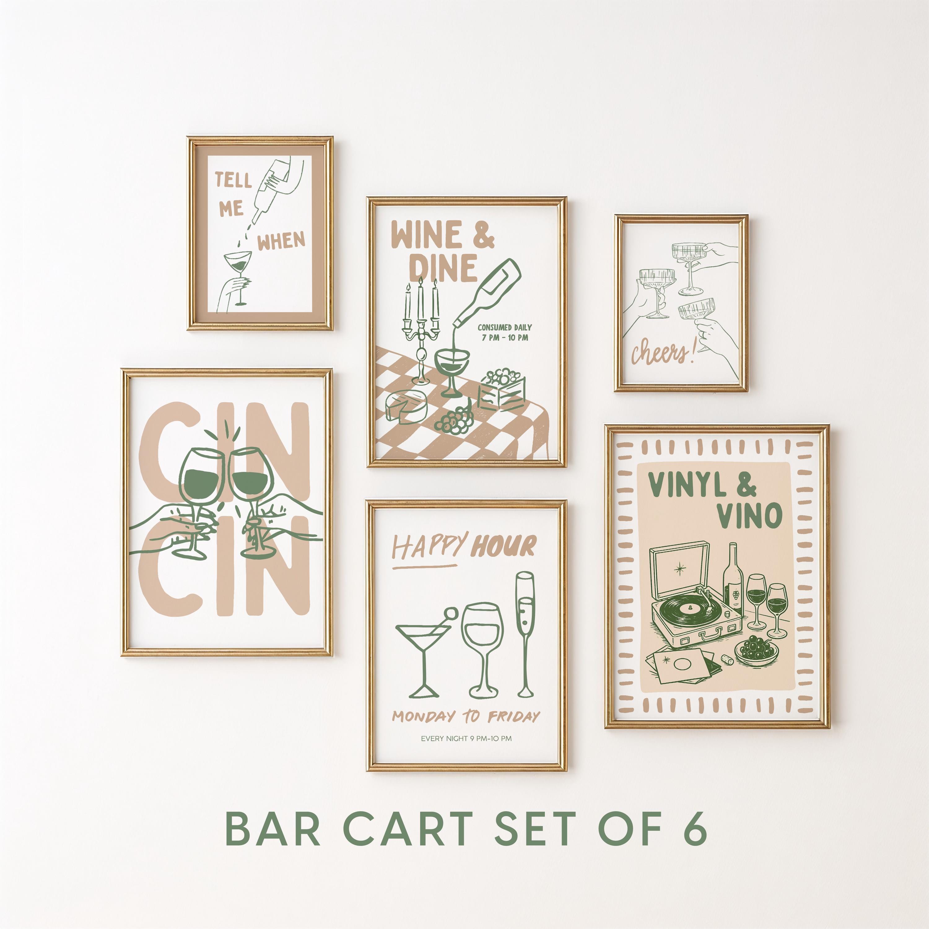 Sage Green Bar Cart Wall Art Set of 6, Wine & Vinyl Prints, Cocktail Bar Decor, Retro Gallery Wall, Printable Bar Cart Art, Vinyl Vino Art