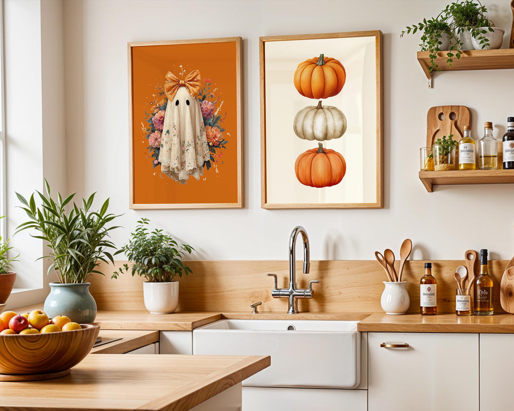 Halloween Wall Art Set of 8, Ghost Gallery Wall, Pumpkin Spice Latte Print, Spooky Cute Ghost Decor, Fall Printable, Autumn Wall Art Set