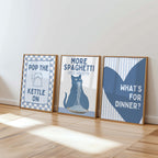 Blue Kitchen Wall Art Set, Pasta Lover Prints, Italian Kitchen Decor, Blue Kitchen Decor, Funny Cat Wall Art, Gallery Wall Set Printable