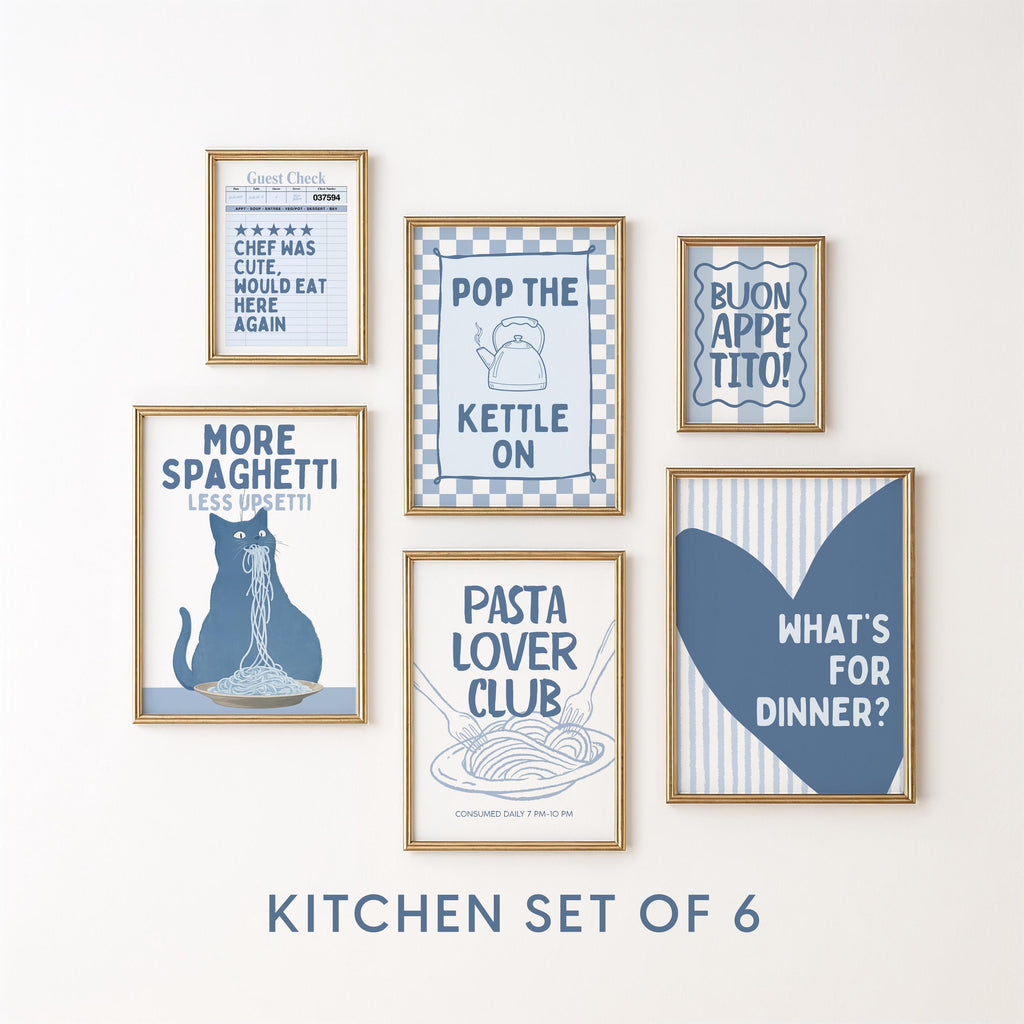 Blue Kitchen Wall Art Set, Pasta Lover Prints, Italian Kitchen Decor, Blue Kitchen Decor, Funny Cat Wall Art, Gallery Wall Set Printable