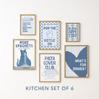 Blue Kitchen Wall Art Set, Pasta Lover Prints, Italian Kitchen Decor, Blue Kitchen Decor, Funny Cat Wall Art, Gallery Wall Set Printable