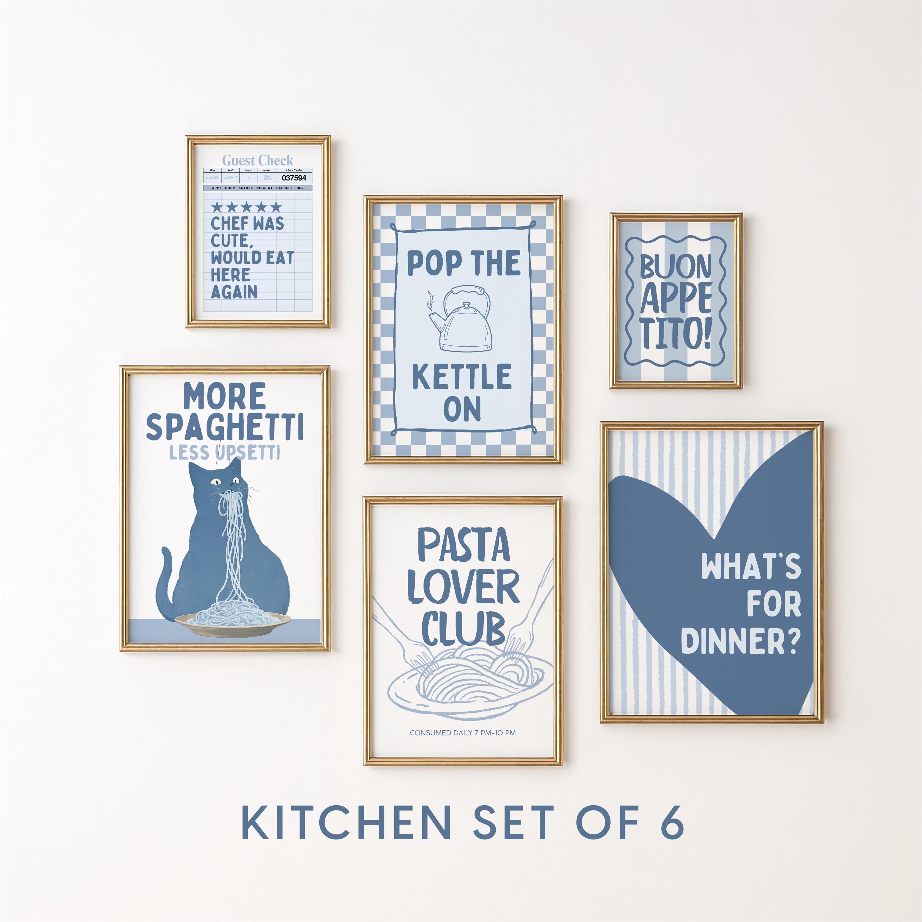 Blue Kitchen Wall Art Set, Pasta Lover Prints, Italian Kitchen Decor, Blue Kitchen Decor, Funny Cat Wall Art, Gallery Wall Set Printable