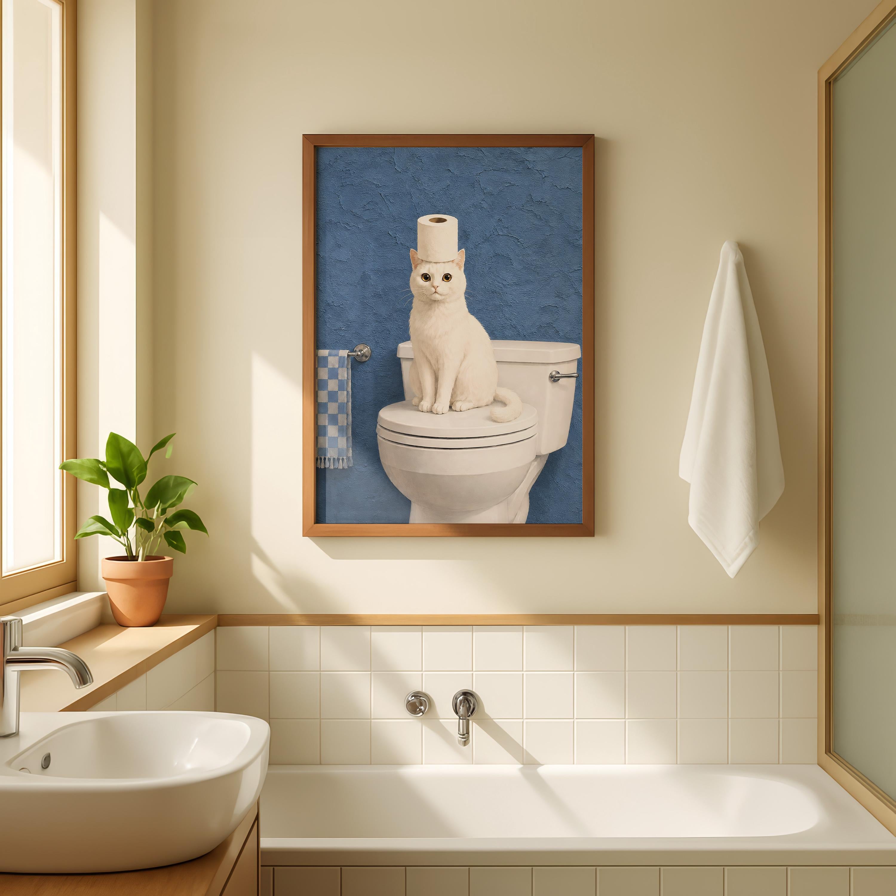 Funny Cat Bathroom Print, White Cat Wall Art, Toilet Paper Cat Poster, Blue Bathroom Decor, Humorous Bathroom Art, Cat Lover Gift Printable