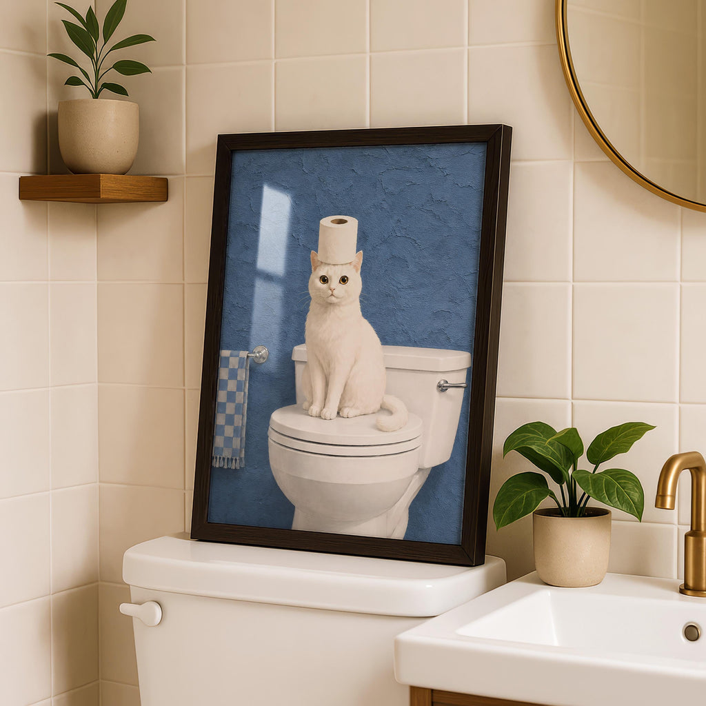 Funny Cat Bathroom Print, White Cat Wall Art, Toilet Paper Cat Poster, Blue Bathroom Decor, Humorous Bathroom Art, Cat Lover Gift Printable