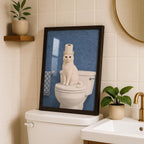 Funny Cat Bathroom Print, White Cat Wall Art, Toilet Paper Cat Poster, Blue Bathroom Decor, Humorous Bathroom Art, Cat Lover Gift Printable