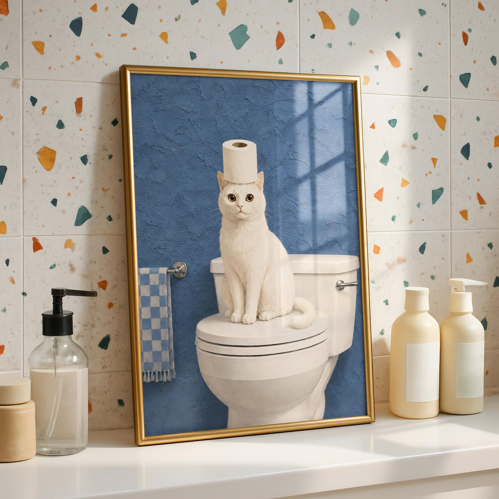 Funny Cat Bathroom Print, White Cat Wall Art, Toilet Paper Cat Poster, Blue Bathroom Decor, Humorous Bathroom Art, Cat Lover Gift Printable