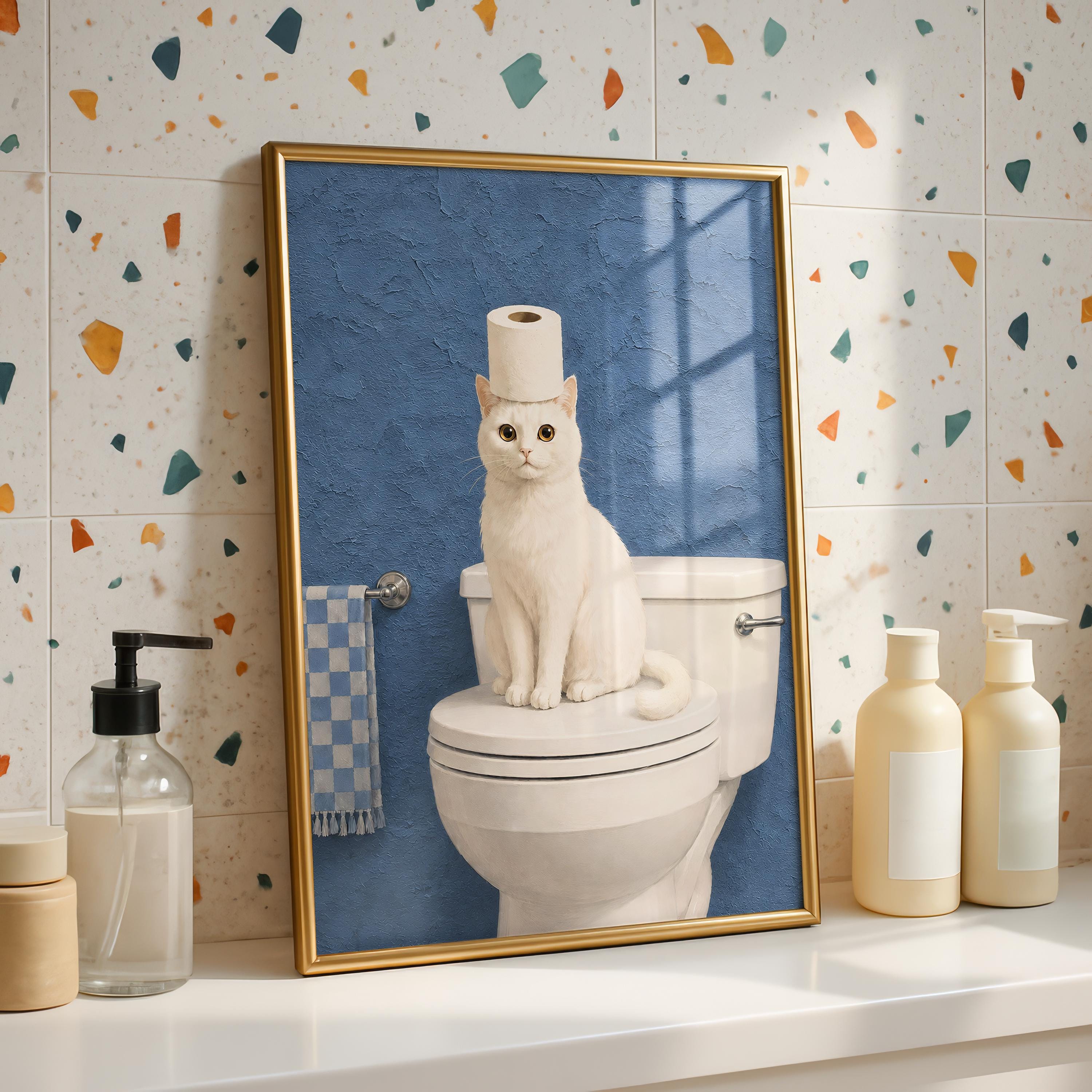 Funny Cat Bathroom Print, White Cat Wall Art, Toilet Paper Cat Poster, Blue Bathroom Decor, Humorous Bathroom Art, Cat Lover Gift Printable