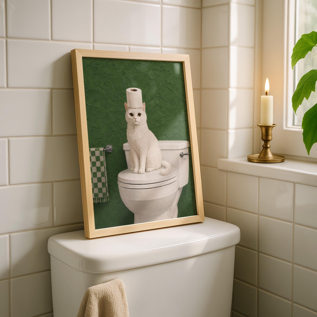 Funny Cat Bathroom Print, Green Bathroom Decor, White Cat Wall Art, Toilet Paper Cat Poster, Sage Green Bathroom Art, Humor Cat Lover Gift