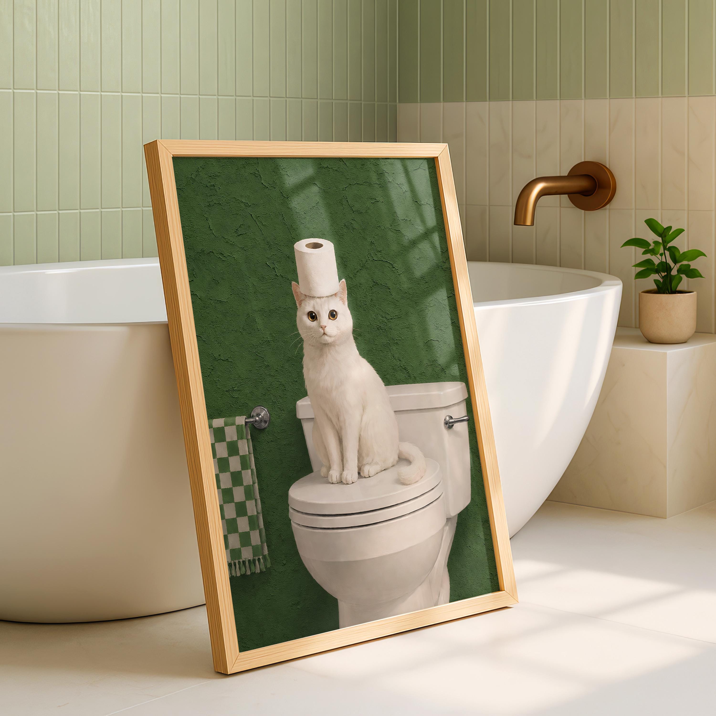Funny Cat Bathroom Print, Green Bathroom Decor, White Cat Wall Art, Toilet Paper Cat Poster, Sage Green Bathroom Art, Humor Cat Lover Gift