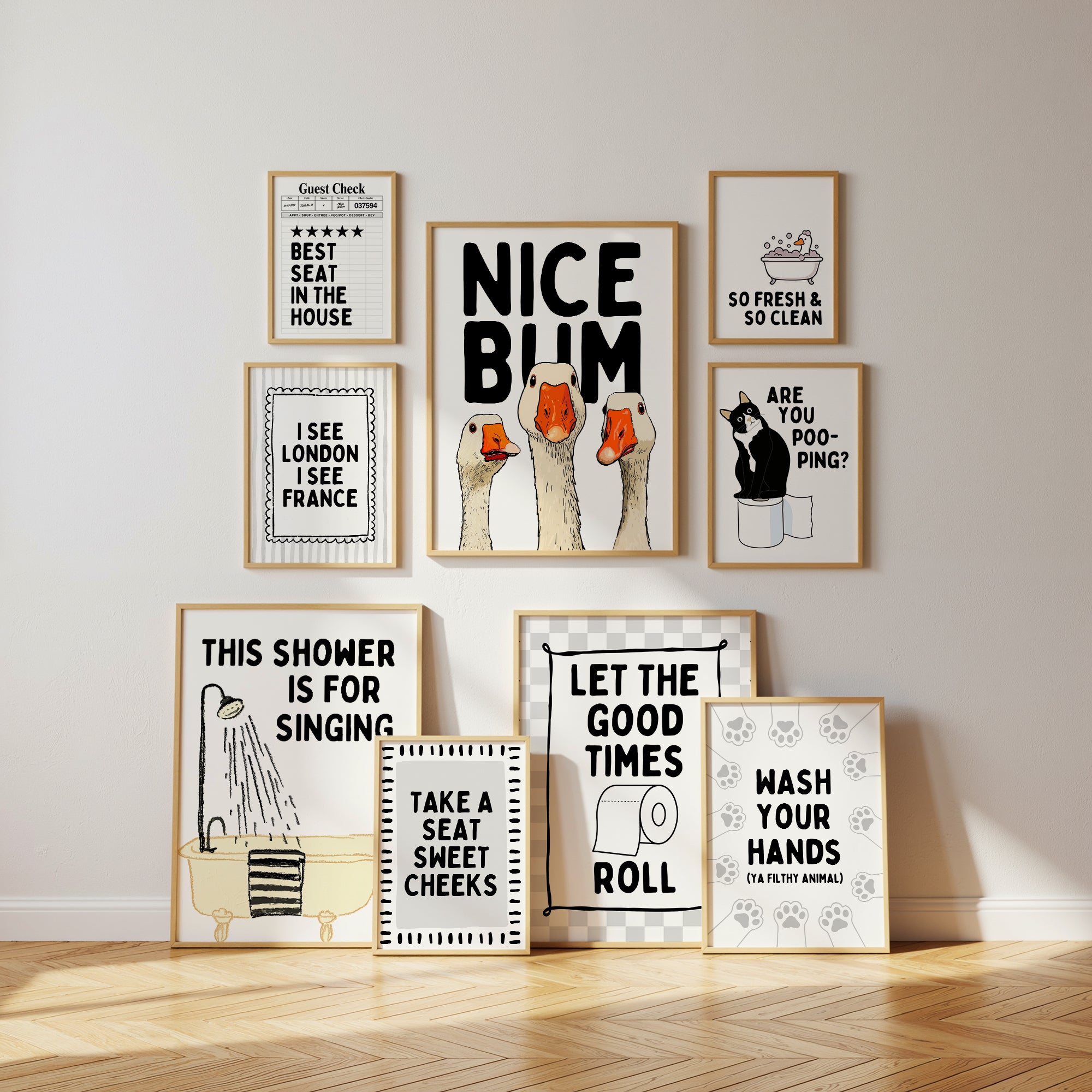 Funny Bathroom Wall Art Set – Black White Bathroom Prints