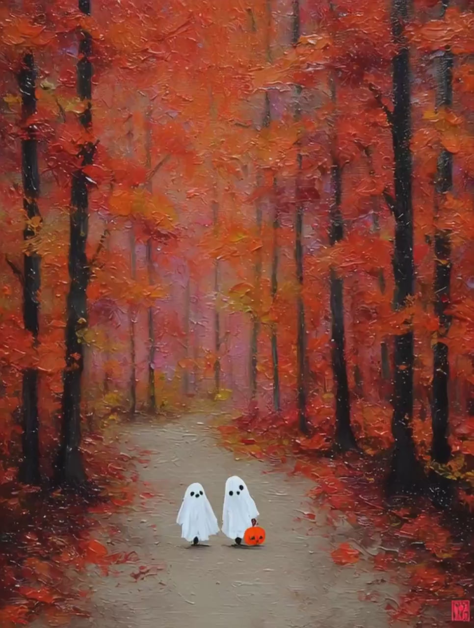 Two Little Ghosts in Autumn Forest Vintage Painting, Country Fall Decor, Spooky Cute Ghost Fall Print, Halloween Printable Wall Art, DIGITAL