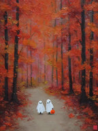 Two Little Ghosts in Autumn Forest Vintage Painting, Country Fall Decor, Spooky Cute Ghost Fall Print, Halloween Printable Wall Art, DIGITAL