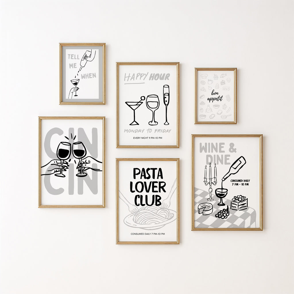 Minimal Bar Cart Wall Art Set - Happy Hour Decor